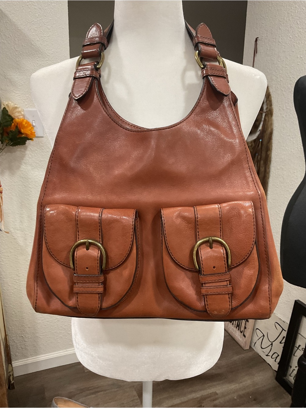 Banana Republic Chestnut Brown Leather Shoulder Bag with Front Buckle Pockets